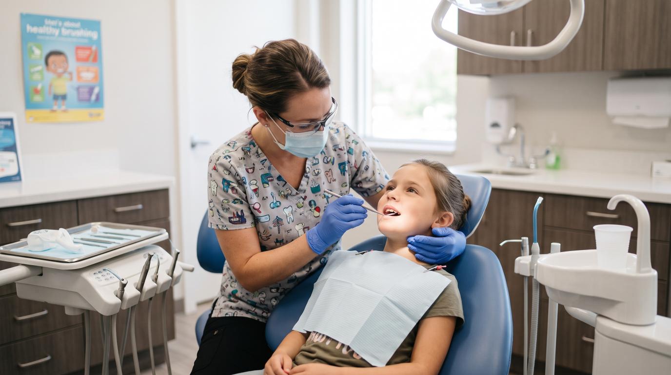 Dentist examining a child's teeth during a preventive dental checkup