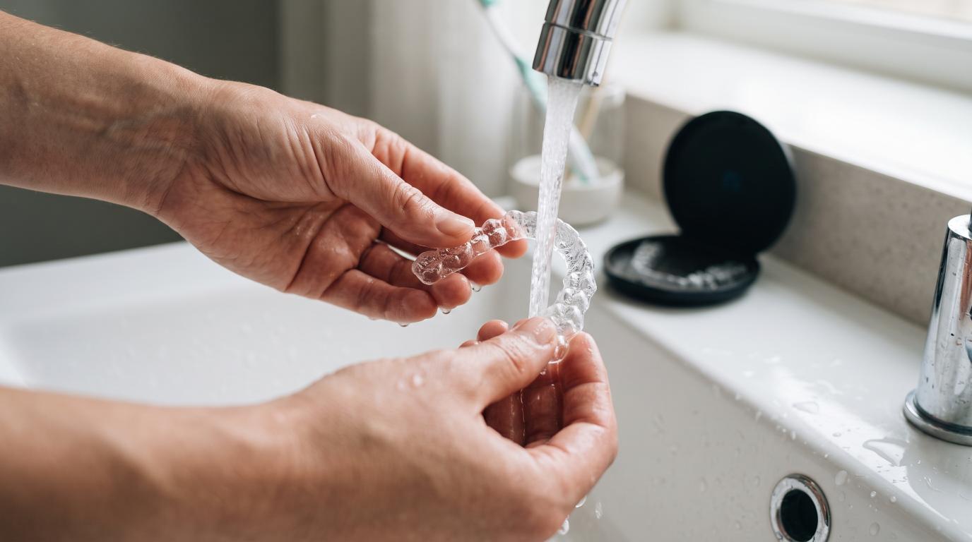 Adult rinsing a clear aligner tray as part of clear aligners for teeth care