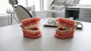 Clear aligners for teeth and traditional braces displayed side by side