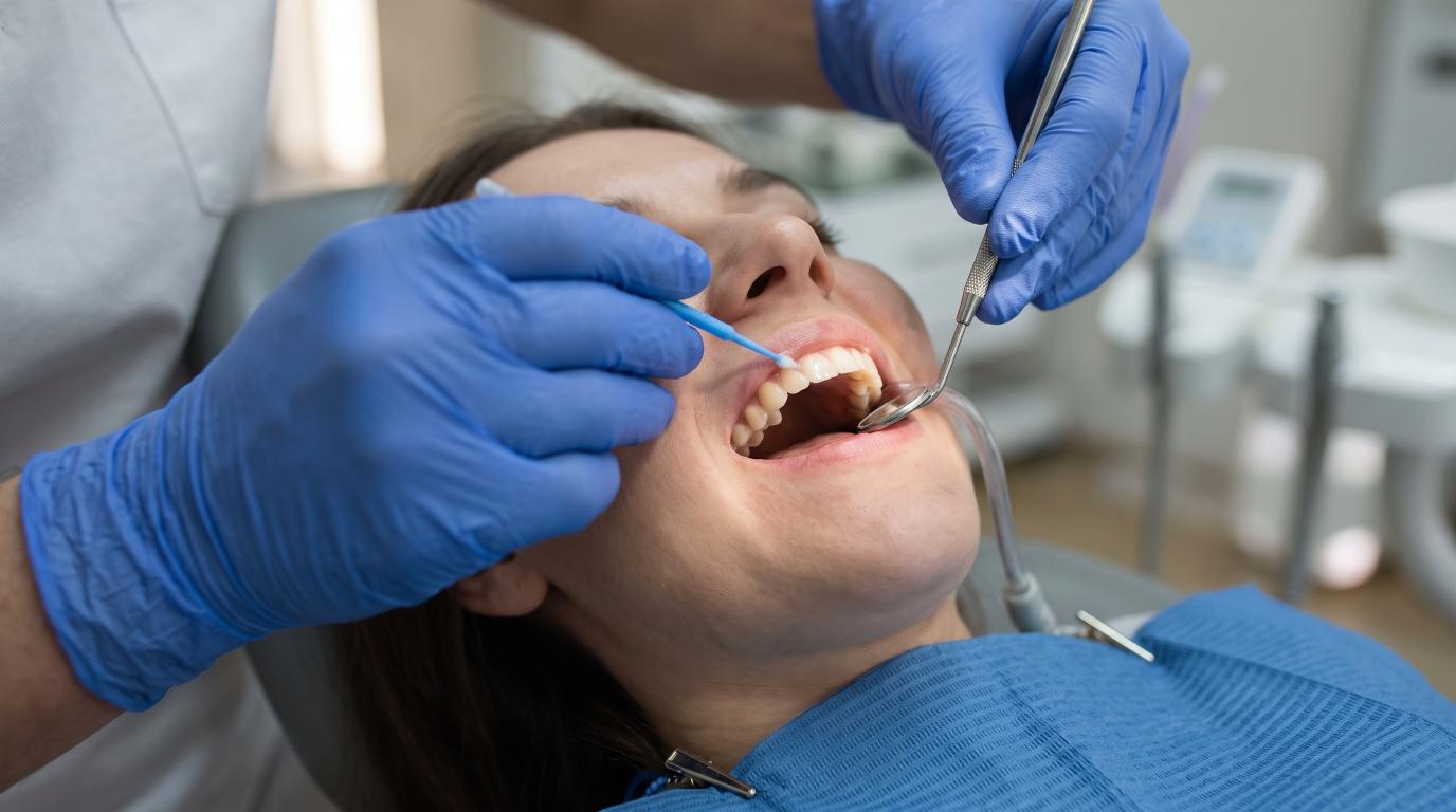 Dentist applying fluoride varnish during a preventive dental treatment