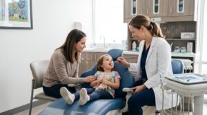 Pediatric dentist examining a young child's teeth during a dental visit
