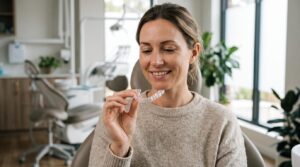 Adult patient holding clear aligners for teeth during a dental consultation