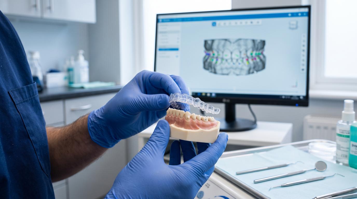 Dentist demonstrating how clear aligners for teeth fit over a dental model