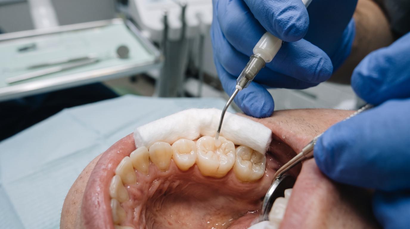 Dentist preparing dental sealant material for application to a molar