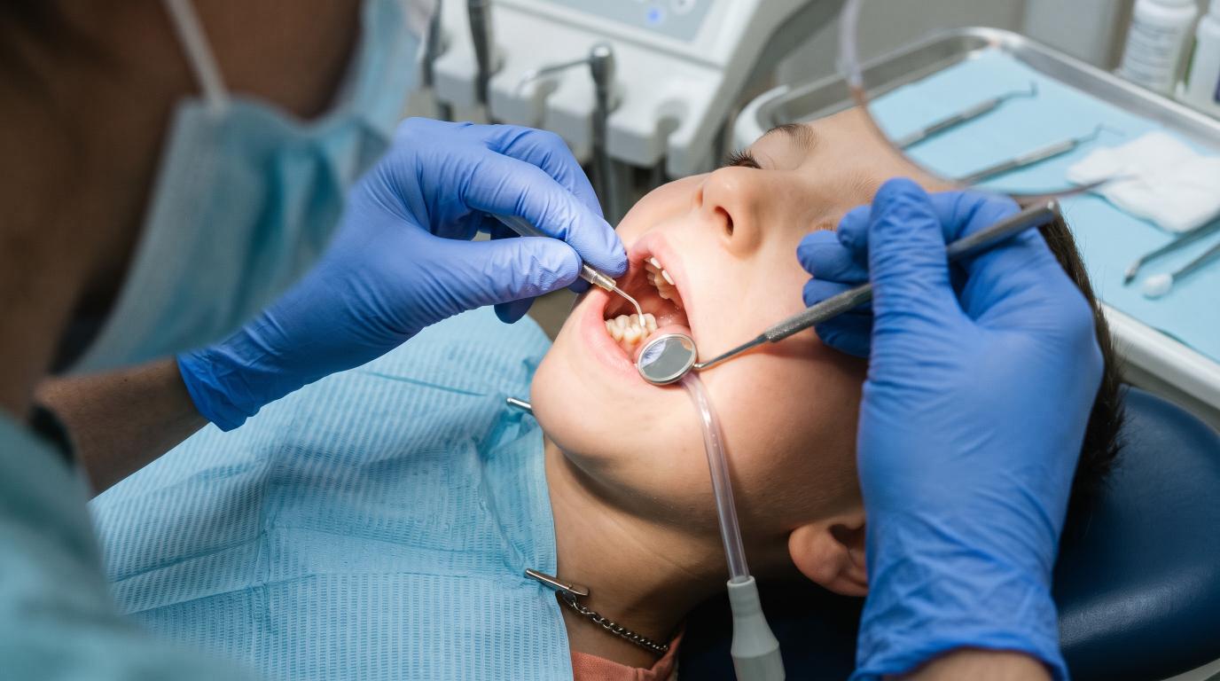 Dentist applying dental sealant to a child's back tooth